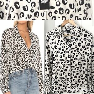 DKNY WHITE BLACK LEOPARD BUTTON DOWN LAPEL SILK FEEL LONG SLEEVE BLOUSE S NWT
